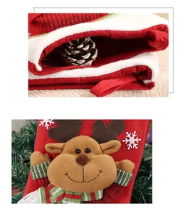 Macro detail of Christmas stocking opening with pine cone and 3D plush reindeer design