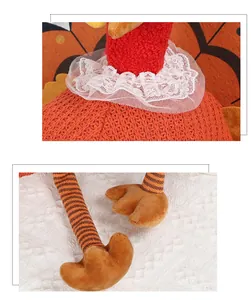 Detail of plush turkey decor showing red neck tuff, white lace collar and striped legs