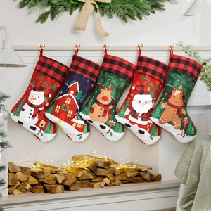 Large Christmas Stockings Buffalo Plaid Cuff Santa Snowman Reindeer Gingerbread Man House Pattern Hanging Gift Bag Xmas Decor