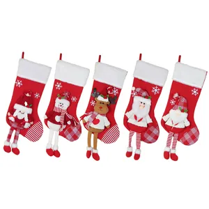 Five-piece set of red Christmas stockings featuring gnome, snowman, reindeer and Santa figures