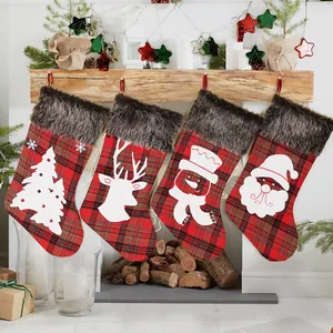 Large Plaid Christmas Stockings With Faux Fur Trim Santa Claus Snowman Reindeer Tree Pattern For Fireplace Holiday Decor