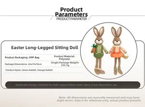 Detailed size chart for plush Easter sitting bunnies with long legs and dimensions