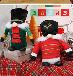 Detail of Christmas Nutcracker gnomes with gold buttons and plush white beards on festive table