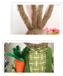 Detalle de conejo de Pascua de peluche con camisa de cuadros verde y zanahoria tejida