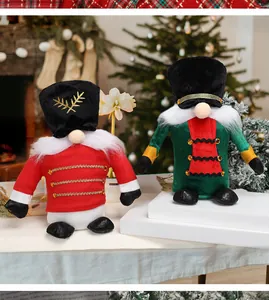Detail view of plush Nutcracker gnome dolls with white fiber beards and black velvet hats