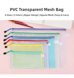 Macro view of A4 PVC mesh zipper pouch showing durable grid texture and colorful zippers