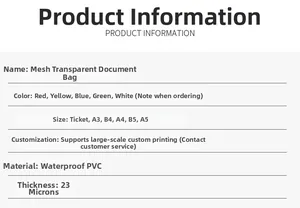 Detailed size chart for waterproof PVC mesh zipper bags available in A3 A4 A5 formats