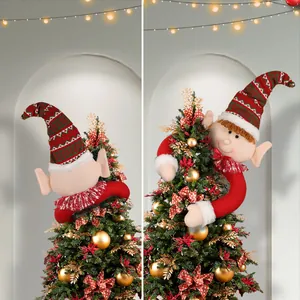 Elf Christmas tree topper hugger with bendable arms for festive holiday home decor