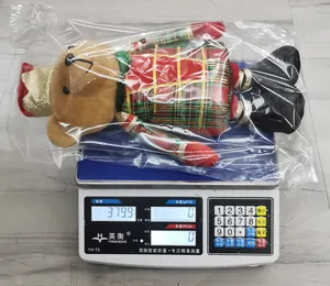 Close-up of plush Christmas soldier bear on electronic scale showing weight detail
