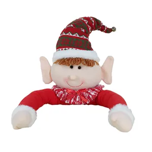 Christmas elf plush tree topper with red green hat and bells for home holiday decor