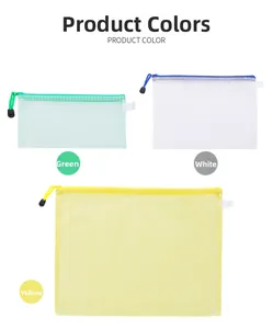 Detail of mesh zipper bags in green, white, and yellow showing size variations