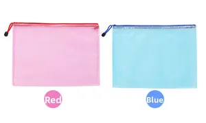 Pink and blue A4 mesh zipper pouches showing semi-transparent PVC material and storage detail