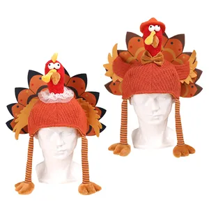 Pair of creative Thanksgiving turkey hats with knitted textures and colorful plush details