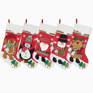 Five-piece Christmas stocking set featuring Santa, snowman, and reindeer 3D holiday patterns