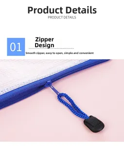 Macro detail of royal blue zipper and woven puller on A4 white mesh document pouch