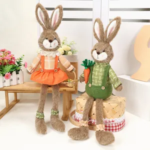 Decoración de Peluche de Conejo de Pascua Pastoral Piernas Suaves Largas Conejito Sentado Con Adorno de Cesta de Flores de Zanahoria para Decoración del Hogar
