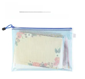 Detail of light blue mesh A4 document bag with zipper closure and side carrying handle