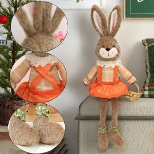 Conejo de Pascua de peluche con vestido a cuadros naranja para decoración del hogar