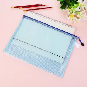 Blue mesh transparent A4 file zipper bag for office and stationery storage