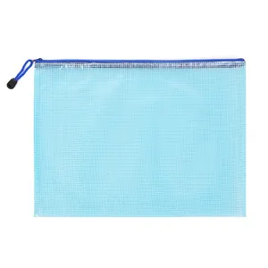 A4 light blue mesh zipper file bag for office storage and student stationery organization