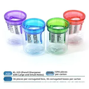 Close-up of double-hole pencil sharpener set in four transparent vibrant colors