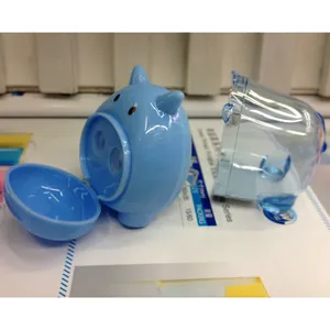 Temperamatite blu a forma di maiale a doppio foro con contenitore trasparente