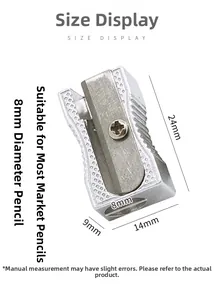 Gedetailleerde afmetingen van zilveren metalen puntenslijper van 24x14x9mm met een 8mm gat