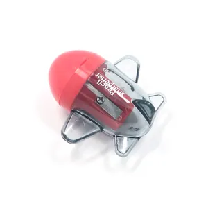 Cartoon airplane pencil sharpener with red nose and transparent grey body for students