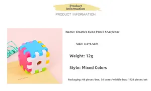 Close-up of cube-shaped pencil sharpener with 3.5cm dimensions and creative colorful block design
