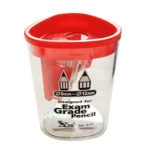 Manual pencil sharpener with transparent reservoir and red lid for 8mm to 12mm pencils