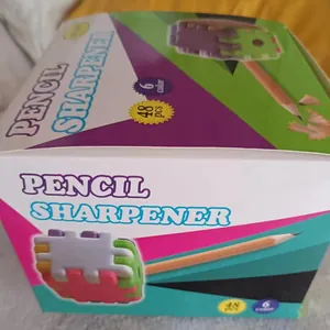 Close-up of a 48-piece pack featuring colorful building block style pencil sharpeners