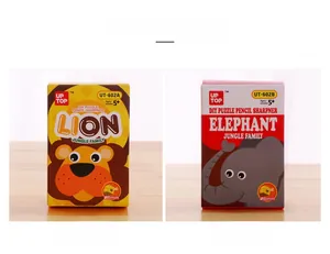 Detail view of lion and elephant building block pencil sharpeners in retail packaging