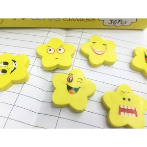 Set di 36 gomme a forma di stella gialla con simpatiche faccine emoji cartone