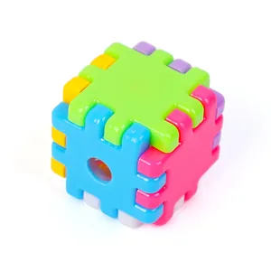 Colorful cube pencil sharpener for students featuring building block puzzle design