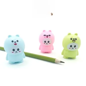 Manual pencil sharpeners in blue, pink, and green cartoon animal styles for students