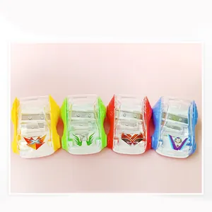 Close-up of four-color dual-hole pencil sharpeners in creative racing car designs