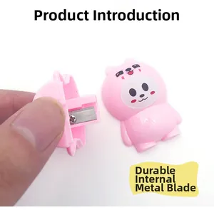 Detail showing internal metal blade of pink cartoon sharpener for durable sharpening
