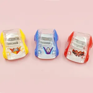 Three creative car-shaped pencil sharpeners in red yellow and blue with dual-hole blades