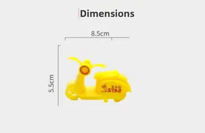 Dimensions détaillées du taille-crayon moto jaune affichant une longueur de 8,5 cm