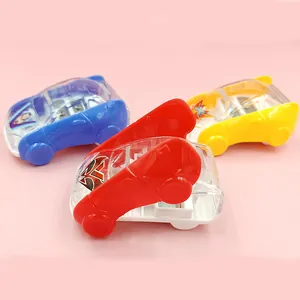 Cartoon race car pencil sharpeners in red blue and yellow colors with opening lid feature