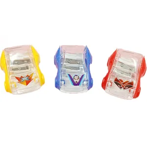 Set of three colorful cartoon racing car pencil sharpeners with double holes for students