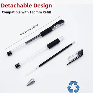 Détail du stylo gel 0,5 mm, longueur 150 mm et recharge 130 mm, design à capuchon