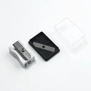 Single-hole aluminum alloy pencil sharpener with a black base and clear cover for students