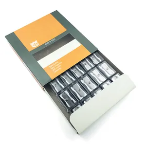 Bulk pack of 20 silver single-hole aluminum alloy pencil sharpeners in a display box