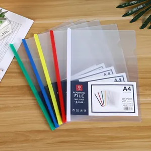 A4 transparent slide binder folders with colorful spine clips on wooden desk