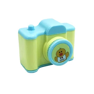 Creative camera shaped pencil sharpener for kids in bright yellow and blue plastic