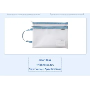 Detail of A4 white mesh file bag with blue zipper and 23C thickness specifications