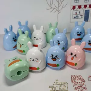 Mini rabbit cartoon pencil sharpener set for students in blue, green, white and pink colors