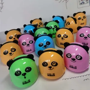 Macro shot of colorful panda-shaped pencil sharpeners with cute facial expressions
