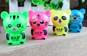 Group of four cute cartoon animal pencil sharpeners in green, pink, yellow, and blue colors